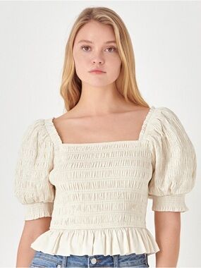 English Factory Cream Smocked Peplum Puff Sleeve Top Cottage Coquette Boho XS